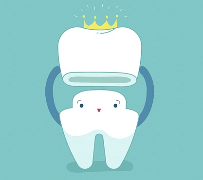 Animated smiling tooth receiving a crown