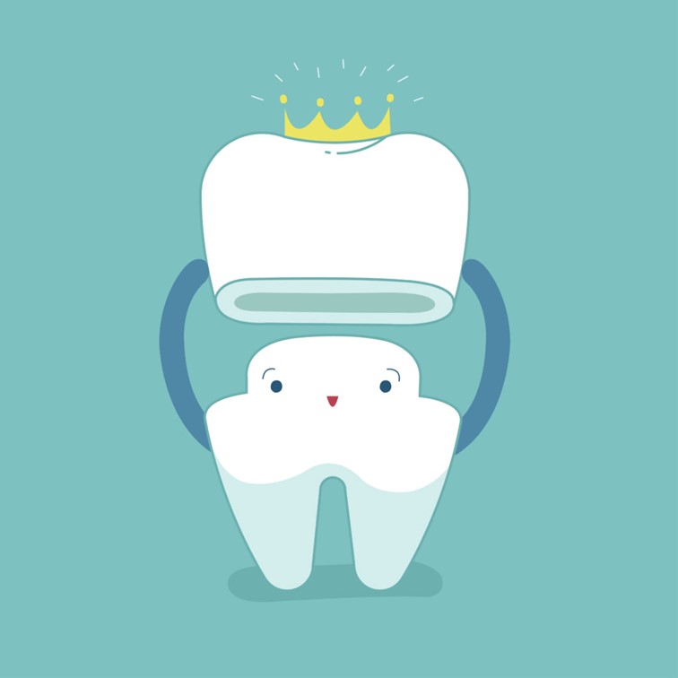 Cartoon image of a tooth wearing a crown.